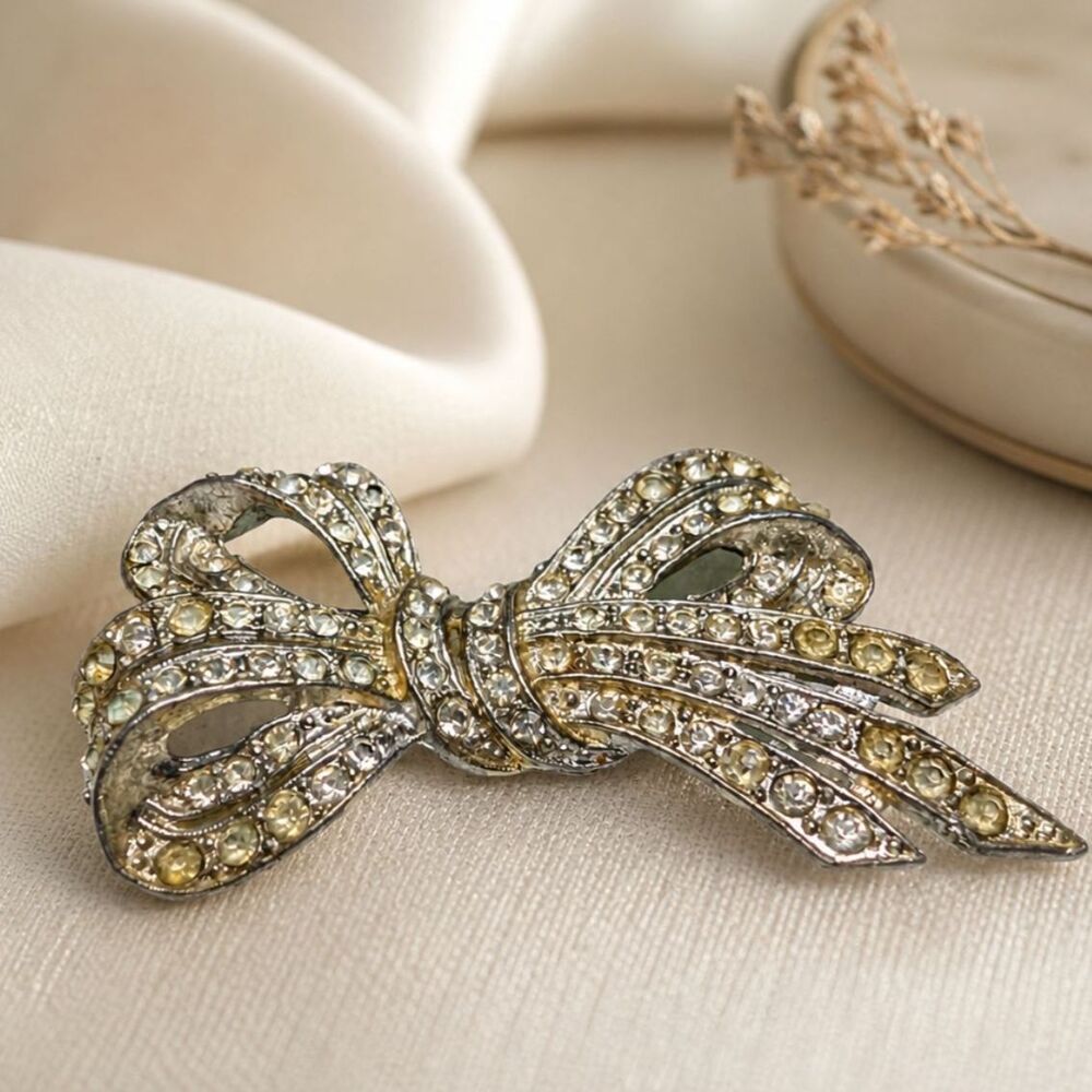 Coquette Vintage Silver Bow Brooch Rhinestone Ribbon Pin Whimsigoth Accessory